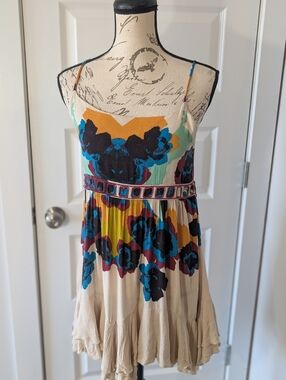 Free People Beige Floral Tie-Strap Top with Multicolor Print